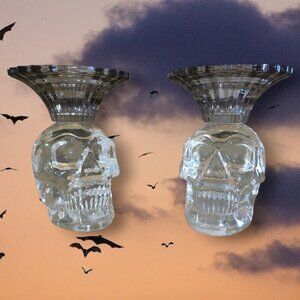 Clear Glass Skull Taper 4" Candle Holder Set Halloween Spooky Holiday Decor